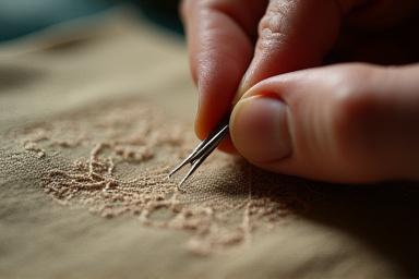 Detailaufnahme einer Restauratorin, die mit einer feinen Nadel an einem antiken Stoff arbeitet.